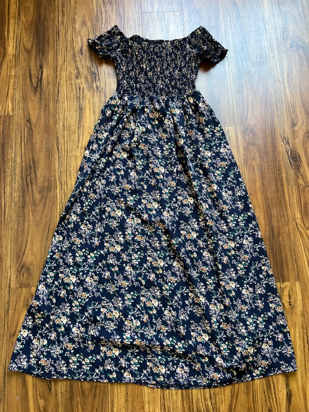 SHEIN Women’s Small Floral Smocked Maxi Dress Navy Blue Off Shoulder Boho